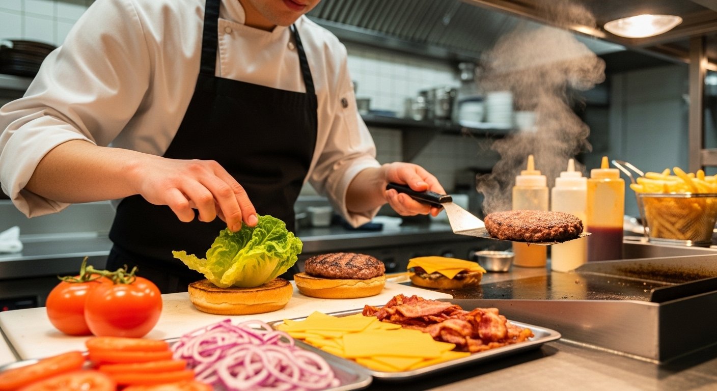 Chef preparing burger quickly in modern kitchen